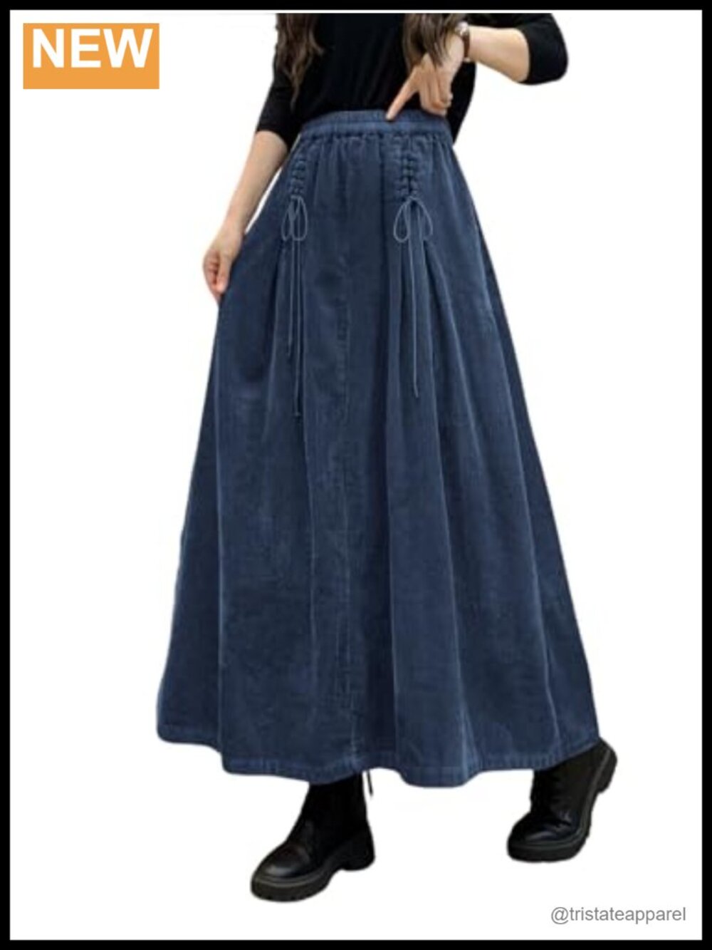 Corduroy Maxi Skirt Elastic High Waist A-Line Pleated Long with Pockets